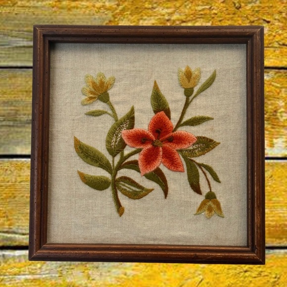Vintage Boho Floral Embroidered Crewel Wall Art